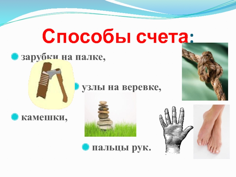 Презентация по информатике на тему Системы счисления. Двоичная и десятичная Способы счета:зарубки на палке,узлы на веревке,камешки,пальцы рук. Способы счета:зарубки на палке,узлы на веревке,камешки,пальцы рук.