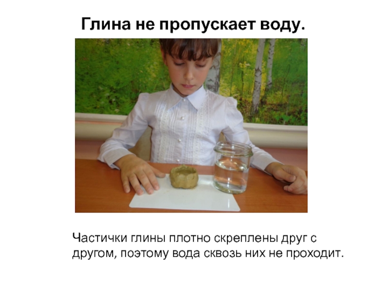 Презентация по природному краеведению на тему Применение глины в жизнедеятельности человека Глина не пропускает воду.Частички глины плотно скреплены друг с другом, поэтому вода сквозь них не проходит. Глина не пропускает воду.Частички глины плотно скреплены друг с другом, поэтому вода сквозь них не проходит.