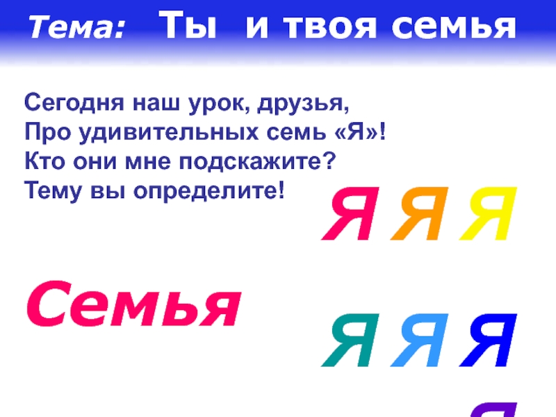Презентация по окружающему миру на тему Ты и твоя семья 1 КЛАСС Сегодня наш урок, друзья,Про удивительных семь «Я»!Кто они мне подскажите?Тему вы Сегодня наш урок, друзья,Про удивительных семь «Я»!Кто они мне подскажите?Тему вы определите!СемьяЯ Я ЯЯ Я Я Я