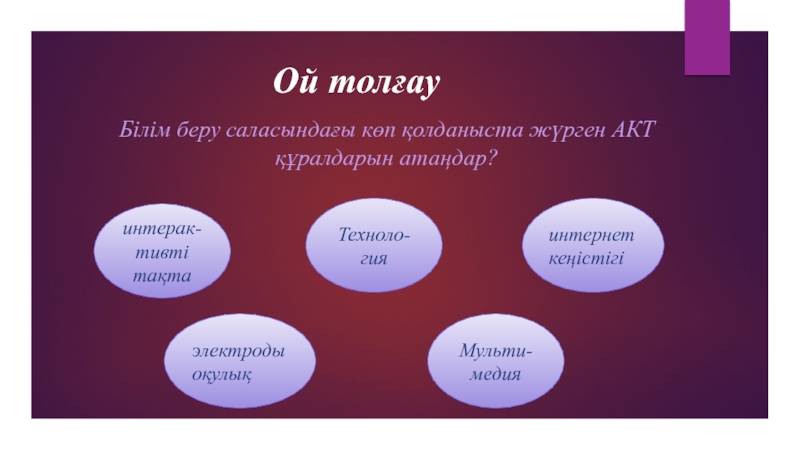 (Презентация, АКТ құралдарының даму тарихы ) Ой толғауБілім беру саласындағы көп қолданыста жүрген АКТ құралдарын атаңдар?интерак-тивті тақтаМульти-медияинтернет кеңістігіТехноло-гияэлектроды оқулық Ой толғауБілім беру саласындағы көп қолданыста жүрген АКТ құралдарын атаңдар?интерак-тивті тақтаМульти-медияинтернет кеңістігіТехноло-гияэлектроды оқулық