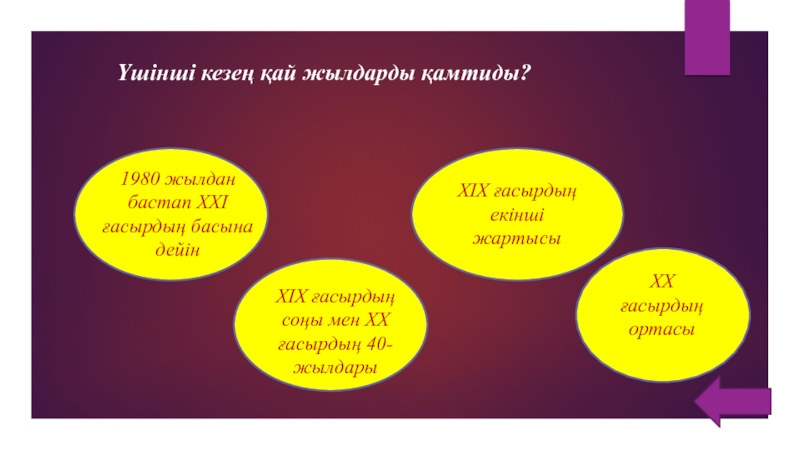 (Презентация, АКТ құралдарының даму тарихы ) Үшінші кезең қай жылдарды қамтиды?1980 жылдан бастап ХХІ ғасырдың басына дейінХІХ Үшінші кезең қай жылдарды қамтиды?1980 жылдан бастап ХХІ ғасырдың басына дейінХІХ ғасырдың екінші жартысыХІХ ғасырдың соңы мен