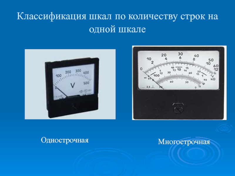 Презентация по дисциплине Основы электротехники на тему Электроизмерительные приборы Классификация шкал по количеству строк на одной шкалеОднострочнаяМногострочная Классификация шкал по количеству строк на одной шкалеОднострочнаяМногострочная