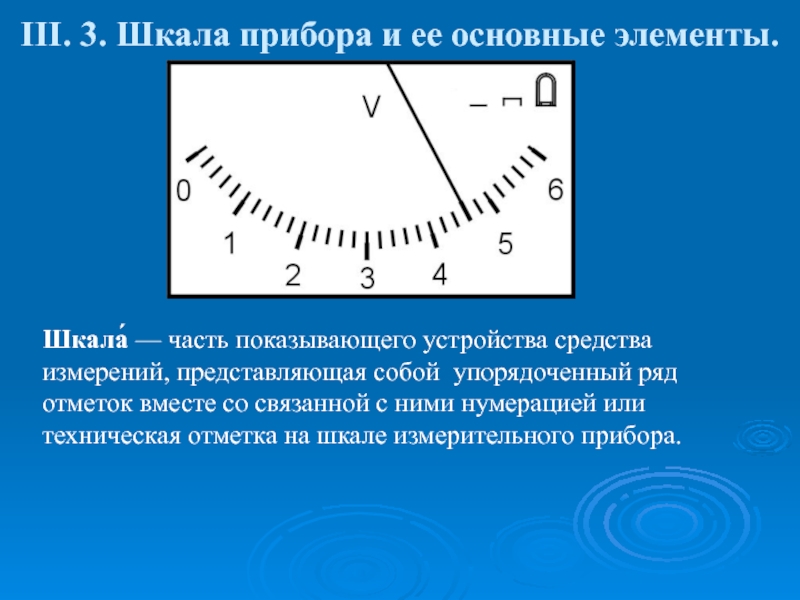 Презентация по дисциплине Основы электротехники на тему Электроизмерительные приборы ΙІІ. 3. Шкала прибора и ее основные элементы. Шкала́ — часть показывающего ΙІІ. 3. Шкала прибора и ее основные элементы. Шкала́ — часть показывающего устройства средства измерений, представляющая собой упорядоченный