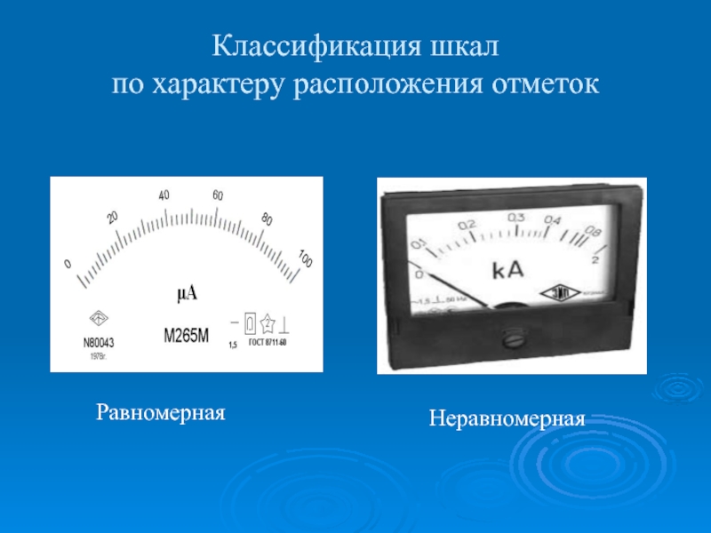 Презентация по дисциплине Основы электротехники на тему Электроизмерительные приборы Классификация шкал по характеру расположения отметок РавномернаяНеравномерная Классификация шкал по характеру расположения отметок РавномернаяНеравномерная