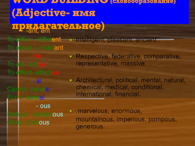 Word Building. Словообразование. Презентация. WORD BUILDING (словообразование) (Adjective- имя прилагательное) -ant, entTo differ WORD BUILDING (словообразование) (Adjective- имя прилагательное) -ant, entTo differ – differentTo resist –
