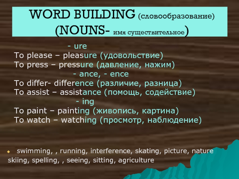 Word Building. Словообразование. Презентация. WORD BUILDING (словообразование) (NOUNS- имя существительное) - WORD BUILDING (словообразование) (NOUNS- имя существительное) - ureTo