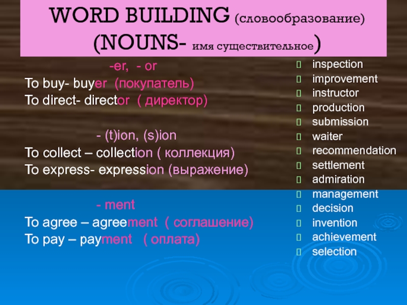 Презентация на тему WORD BUILDING (словообразование) (NOUNS- имя существительное) WORD BUILDING (словообразование) (NOUNS- имя существительное)