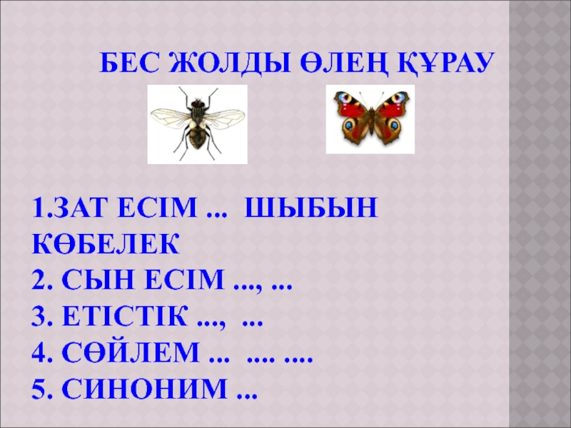 Презентация Шыбын мен көбелек әдебиеттік оқудан (4 сынып) БЕС ЖОЛДЫ ӨЛЕҢ ҚҰРАУ 1.ЗАТ ЕСІМ ... БЕС ЖОЛДЫ ӨЛЕҢ ҚҰРАУ 1.ЗАТ ЕСІМ ... ШЫБЫН