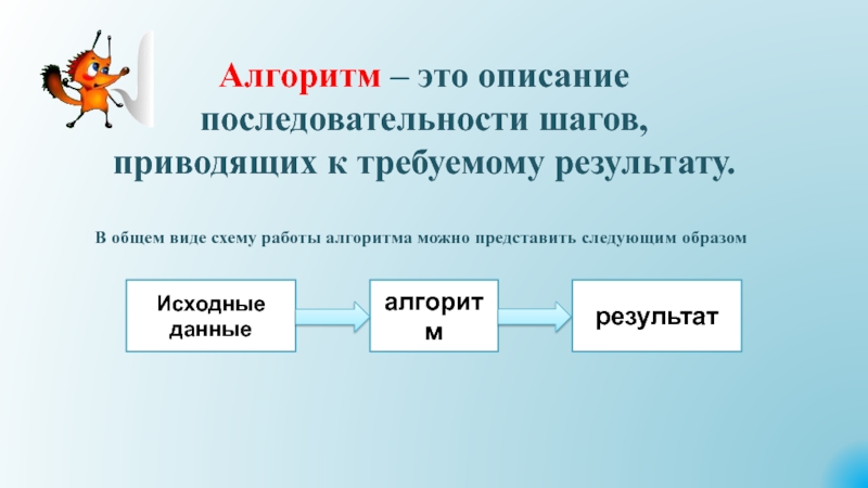 Презентация Алгоритмы. Исполнители алгоритмов Алгоритм – это описание последовательности шагов, приводящих к требуемому результату. В Алгоритм – это описание последовательности шагов, приводящих к требуемому результату. В общем виде схему работы алгоритма можно