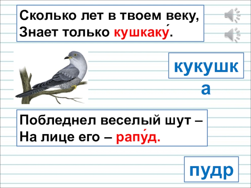 Презентация для уроков русского языка по развитию речи Сколько лет в твоем веку, Знает только кушкаку́.кукушкапудраПобледнел веселый шут – На лице его – рапу́д. Сколько лет в твоем веку, Знает только кушкаку́.кукушкапудраПобледнел веселый шут – На лице его – рапу́д.