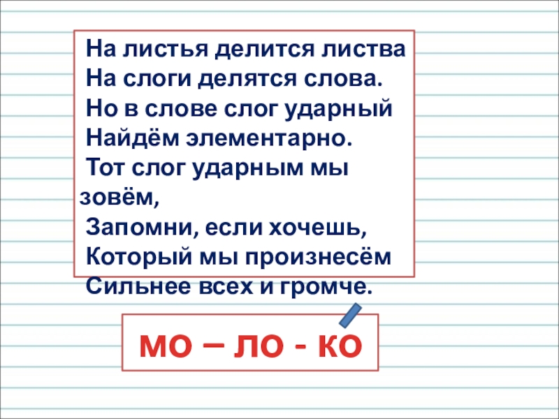 Презентация для уроков русского языка по развитию речи На листья делится листва На слоги делятся слова. Но в На листья делится листва На слоги делятся слова. Но в слове слог ударный Найдём элементарно.