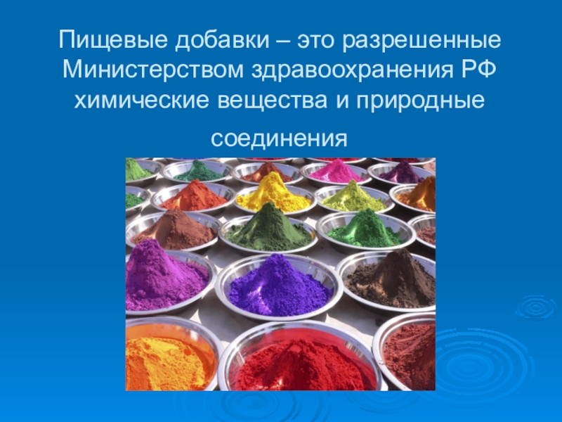 Влияние пищевых добавок на организм школьника(10,11 класс) Пищевые добавки – это разрешенные Министерством здравоохранения РФ химические вещества и природные соединения Пищевые добавки – это разрешенные Министерством здравоохранения РФ химические вещества и природные соединения