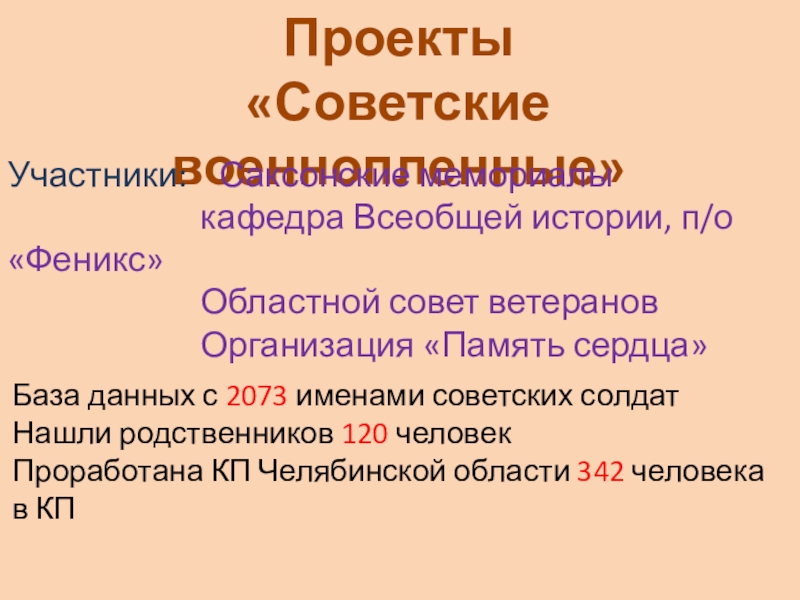 Обобщенный опыт и результат по патриотическому воспитанию подрастающего поколения посредством поискового отряда. Проекты «Советские военнопленные»Участники: Саксонские мемориалы кафедра Проекты «Советские военнопленные»Участники: Саксонские мемориалы