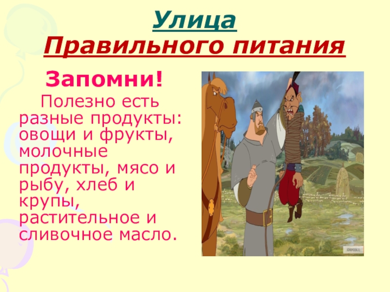 Презентация по математике на тему Решение примеров и задач изученного типа 1 класс Улица Правильного питания Запомни! Полезно Улица Правильного питания Запомни!