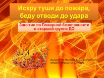 Презентация Искру туши до пожара, беду отводи до удара. Занятие по Пожарной безопасности в старшей группе ДО