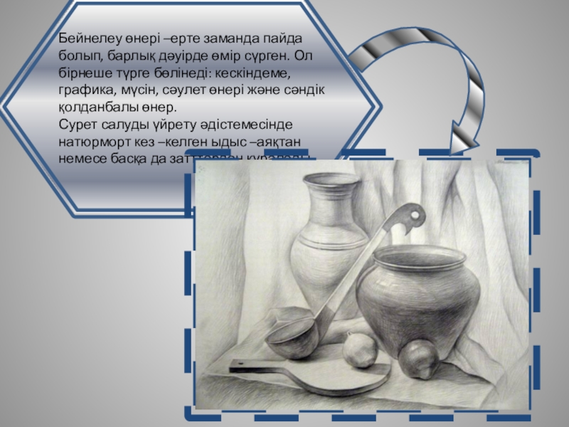 Оқушыларға эстетикалық тәрбие берудегі ұлттық өнердің рөлі презентация. Бейнелеу өнері –ерте заманда пайда болып, барлық дәуірде өмір сүрген. Ол Бейнелеу өнері –ерте заманда пайда болып, барлық дәуірде өмір сүрген. Ол бірнеше түрге бөлінеді: кескіндеме, графика, мүсін,