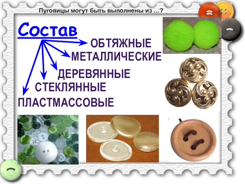 Пришивание пуговиц Состав ДеревянныеПластмассовыеСтеклянныеМеталлическиеОбтяжные Пуговицы могут быть выполнены из …? Состав ДеревянныеПластмассовыеСтеклянныеМеталлическиеОбтяжные Пуговицы могут быть выполнены из …?