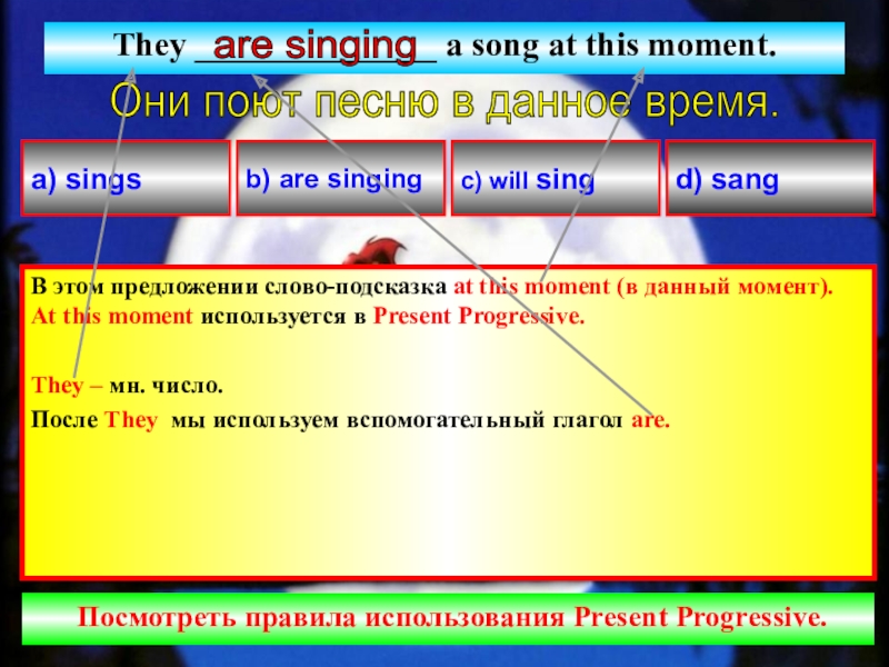 Обучение грамматике с помощью программы Power Point They ______________ a song at this moment.В этом предложении слово-подсказка at They ______________ a song at this moment.В этом предложении слово-подсказка at this moment (в данный момент). At