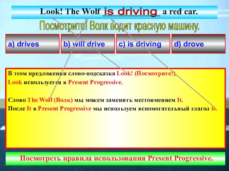 Обучение грамматике с помощью программы Power Point Look! The Wolf _____________ a red car.В этом предложении слово-подсказка Look! The Wolf _____________ a red car.В этом предложении слово-подсказка Look! (Посмотрите!). Look используется в