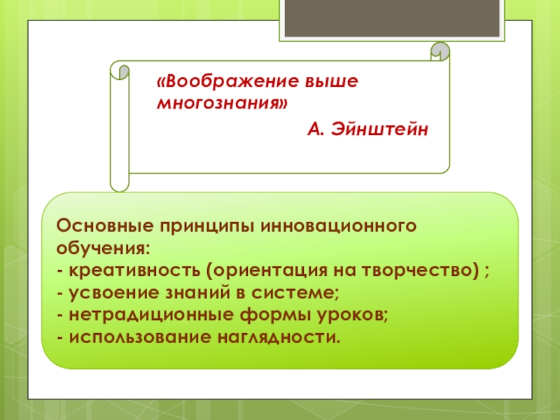 Использование опорных схем в изучении русского языка слова Эйнштейна: «Воображение выше многознания» Основные принципы инновационного обучения:- креативность (ориентация слова Эйнштейна: «Воображение выше многознания» Основные принципы инновационного обучения:- креативность (ориентация на творчество) ;- усвоение знаний в