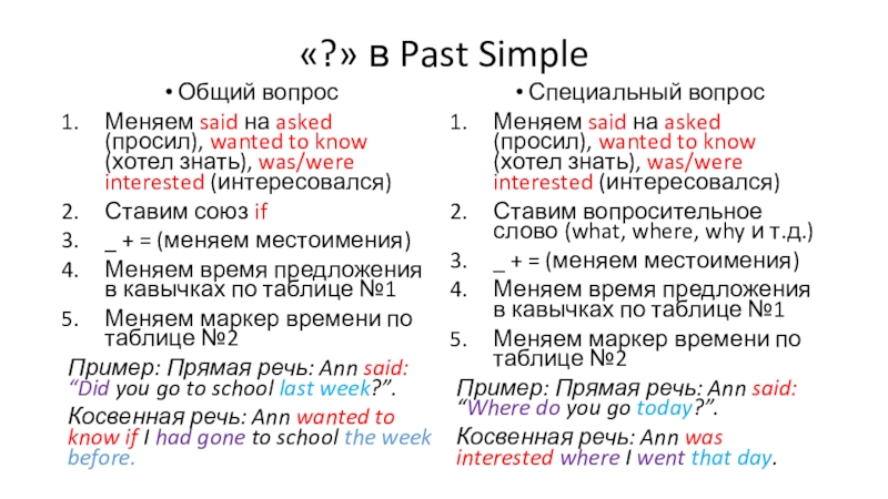 Объяснение грамматического материла по теме Reported Speech (Косвенная речь) с упражнениями «?» в Past SimpleОбщий вопрос Меняем said на asked (просил), wanted «?» в Past SimpleОбщий вопрос Меняем said на asked (просил), wanted to know (хотел знать), was/were interested