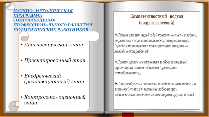 Презентация опыта работы методиста за межаттестационный период НАУЧНО- МЕТОДИЧЕСКАЯ ПРОГРАММА СОПРОВОЖДЕНИЯ ПРОФЕССИОНАЛЬНОГО РАЗВИТИЯ ПЕДАГОГИЧЕСКИХ РАБОТНИКОВДиагностический этапПроектировочный этапВнедренческий (реализационный) этапКонтрольно- оценочный этап НАУЧНО- МЕТОДИЧЕСКАЯ ПРОГРАММА СОПРОВОЖДЕНИЯ ПРОФЕССИОНАЛЬНОГО РАЗВИТИЯ ПЕДАГОГИЧЕСКИХ РАБОТНИКОВДиагностический этапПроектировочный этапВнедренческий (реализационный) этапКонтрольно- оценочный этап