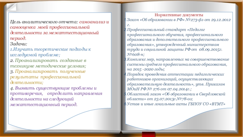 Презентация опыта работы методиста за межаттестационный период Цель аналитического отчета: самоанализ и самооценка моей профессиональной деятельности за межаттестационный Цель аналитического отчета: самоанализ и самооценка моей профессиональной деятельности за межаттестационный период.Задачи:1.Изучить теоретические подходы к исследуемой проблеме;2.