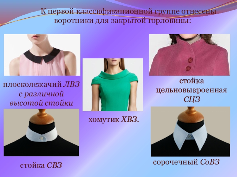 Презентация на урок производственного обучения Виды воротников и способы их обработки К первой классификационной группе отнесеныворотники для закрытой горловины:плосколежачий ЛBЗс различной высотой стойки стойка СВЗ стойка цельновыкроенная СЦЗ сорочечный СоВЗхомутик ХВЗ. К первой классификационной группе отнесеныворотники для закрытой горловины:плосколежачий ЛBЗс различной высотой стойки стойка СВЗ стойка цельновыкроенная СЦЗ сорочечный СоВЗхомутик ХВЗ.