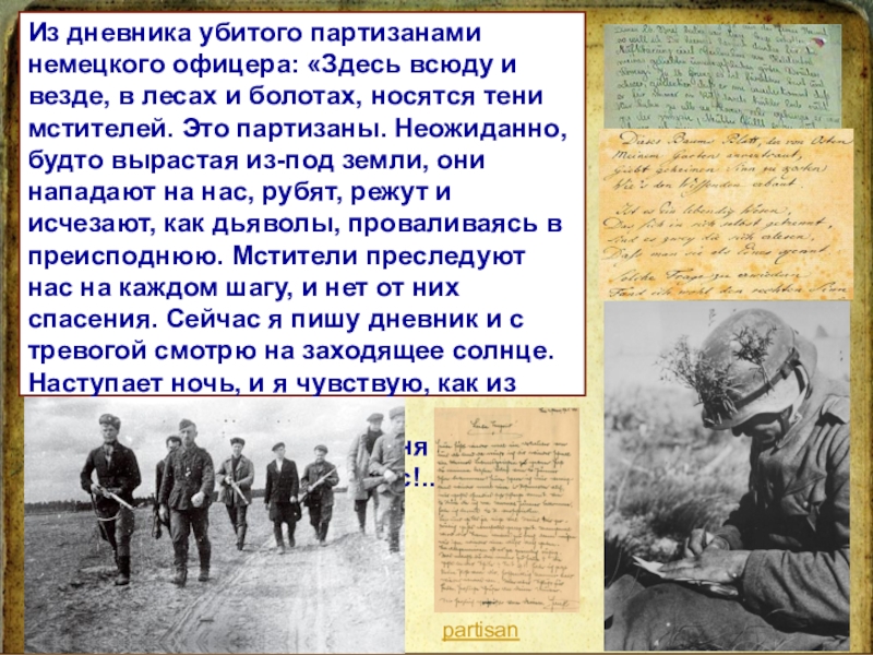 Командир партизанской бригады Из дневника убитого партизанами немецкого офицера: «Здесь всюду и везде, в Из дневника убитого партизанами немецкого офицера: «Здесь всюду и везде, в лесах и болотах, носятся тени мстителей.