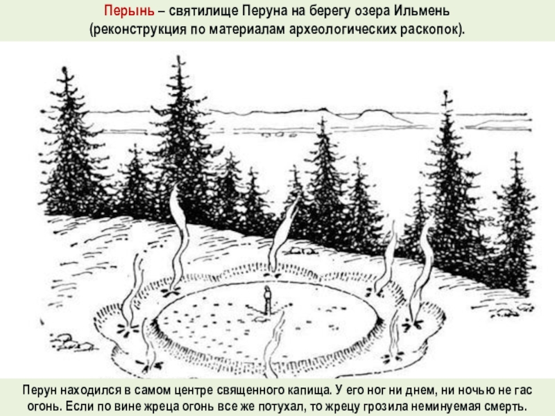 Презентация Бог славян - Перун Перынь – святилище Перуна на берегу озера Ильмень (реконструкция по материалам Перынь – святилище Перуна на берегу озера Ильмень (реконструкция по материалам археологических раскопок).Перун находился в самом центре