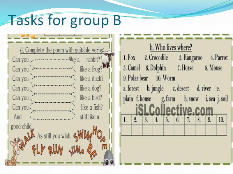Презентация к открытому уроку в 8 классе на тему My favourite animal Tasks for group B Tasks for group B