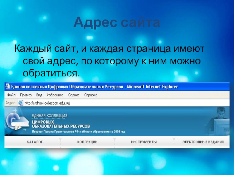 Обучающая презентация по информатике Всемирная паутина Адрес сайтаКаждый сайт, и каждая страница имеют свой адрес, по которому к ним можно обратиться. Адрес сайтаКаждый сайт, и каждая страница имеют свой адрес, по которому к ним можно обратиться.