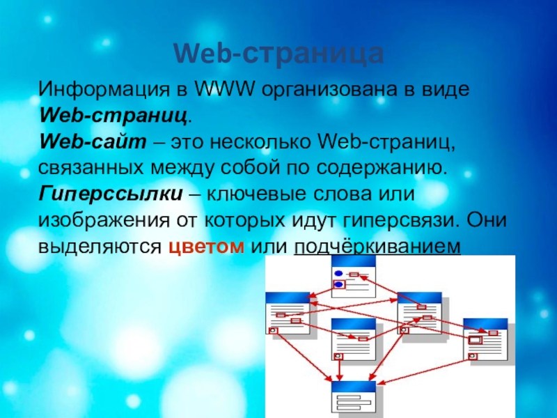 Обучающая презентация по информатике Всемирная паутина Web-страницаИнформация в WWW организована в виде Web-страниц.Web-сайт – это несколько Web-страниц, Web-страницаИнформация в WWW организована в виде Web-страниц.Web-сайт – это несколько Web-страниц, связанных между собой по содержанию.Гиперссылки –