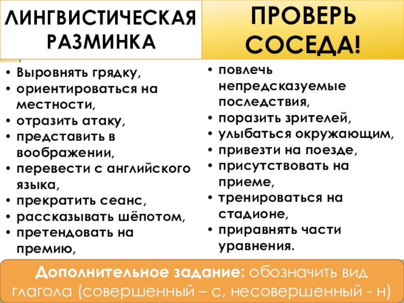 Презентация на тему ЛИНГВИСТИЧЕСКАЯ РАЗМИНКАПРОВЕРЬ СОСЕДА!Выровнять грядку,ориентироваться на местности,отразить атаку,представить в ЛИНГВИСТИЧЕСКАЯ РАЗМИНКАПРОВЕРЬ СОСЕДА!Выровнять грядку,ориентироваться на местности,отразить атаку,представить в воображении,перевести с английского языка,прекратить сеанс,рассказывать шёпотом,претендовать на премию,повлечь непредсказуемые