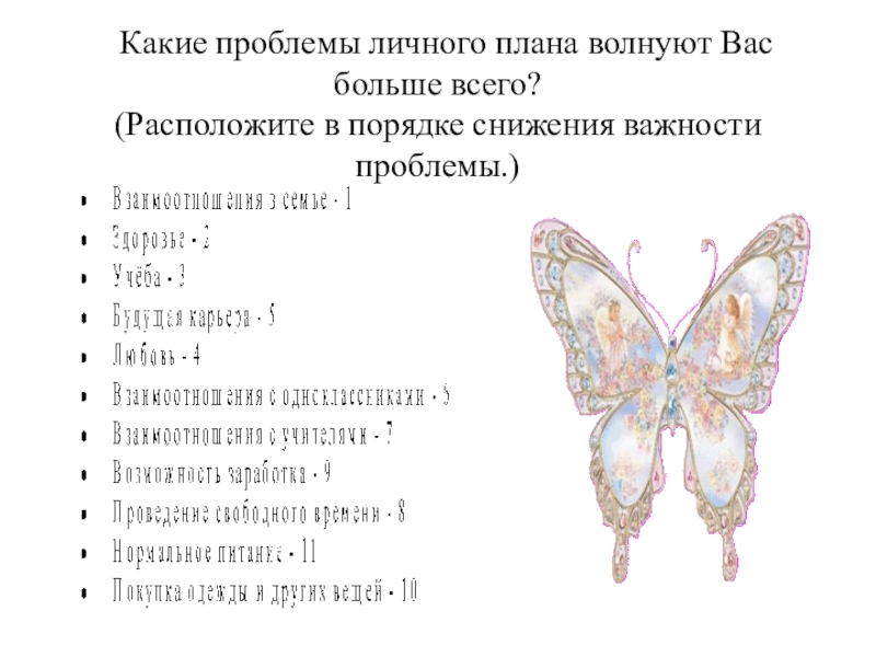 Презентация для конкурса лучший классный руководитель Какие проблемы личного плана волнуют Вас больше всего? (Расположите в порядке снижения важности проблемы.) Какие проблемы личного плана волнуют Вас больше всего? (Расположите в порядке снижения важности проблемы.)