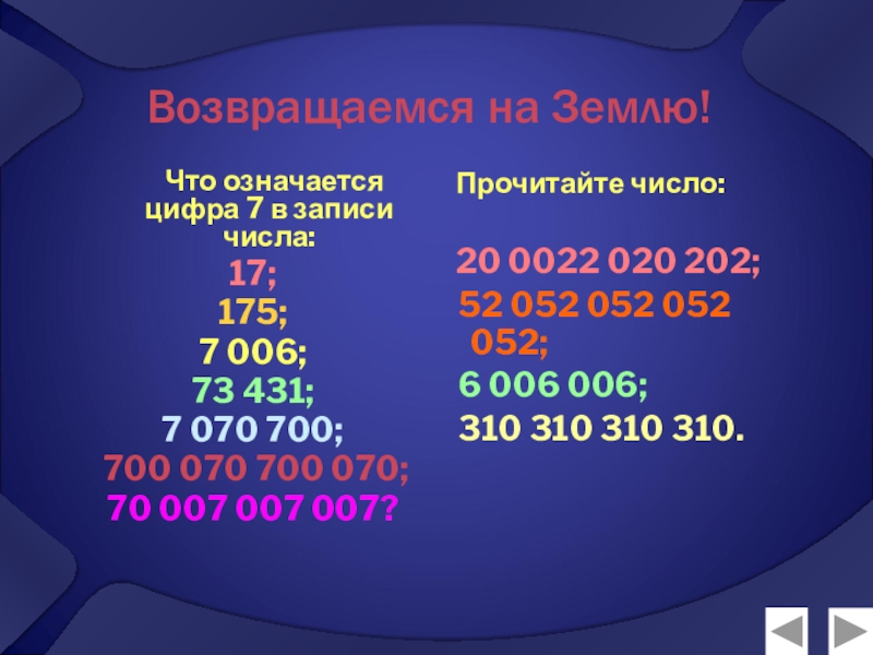Презентация по математике Натуральные числа (5 класс) Возвращаемся на Землю! Что означается цифра 7 в записи числа:17;175; 7 006;73 Возвращаемся на Землю! Что означается цифра 7 в записи числа:17;175; 7 006;73 431; 7 070 700; 700 070