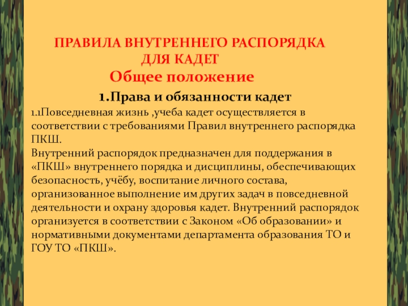 Презентация уставы вооруженных сил РФ, как основа воспитательной работы ГОУ ТО ПЕРВОМАЙСКАЯ КАДЕТСКАЯ ШКОЛА