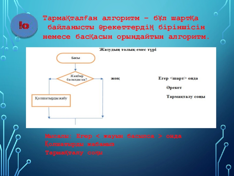 Информатикадан презентация Тақырыбы: Тармақталған алгоритм Тармақталған алгоритм – бұл шартқа байланысты әрекеттердің біріншісін немесе басқасын орындайтын Тармақталған алгоритм – бұл шартқа байланысты әрекеттердің біріншісін немесе басқасын орындайтын алгоритм.Мысалы: Егер < жауын басылса >
