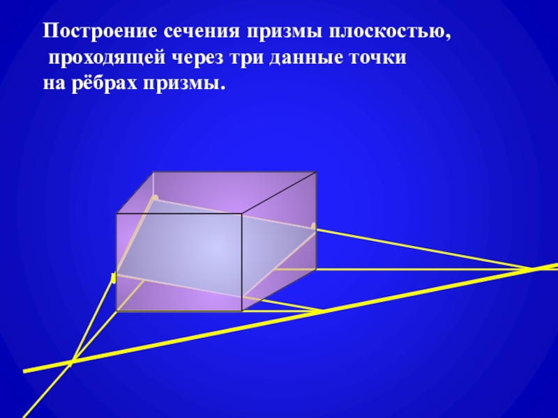 Призма. Построение сечений призмы плоскостями Построение сечения призмы плоскостью, проходящей через три данные точки на рёбрах призмы. Построение сечения призмы плоскостью, проходящей через три данные точки на рёбрах призмы.