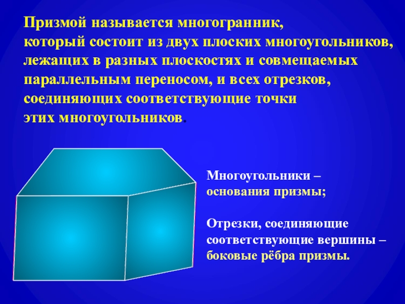 Призма. Построение сечений призмы плоскостями Призмой называется многогранник, который состоит из двух плоских многоугольников, лежащих в Призмой называется многогранник, который состоит из двух плоских многоугольников, лежащих в разных плоскостях и совмещаемых