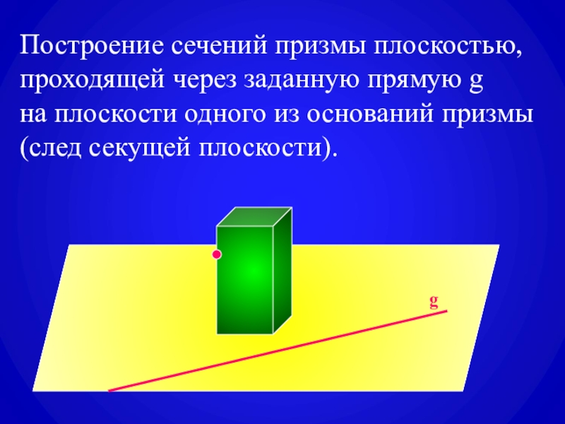 Призма. Построение сечений призмы плоскостями Построение сечений призмы плоскостью, проходящей через заданную прямую g на плоскости Построение сечений призмы плоскостью, проходящей через заданную прямую g на плоскости одного из оснований призмы (след
