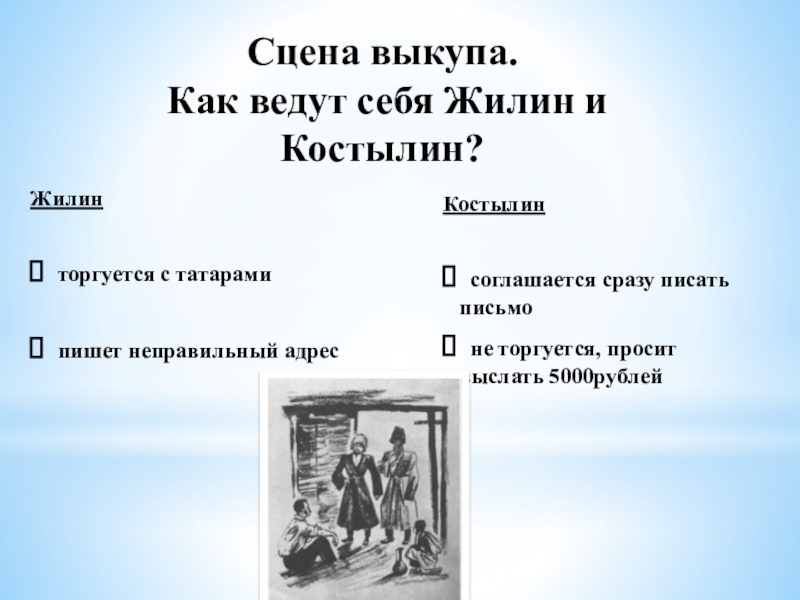 Презентация по литературе в 5 классе на тему Жилин и Костылин Сцена выкупа. Как ведут себя Жилин и Костылин?Жилин торгуется с татарами Сцена выкупа. Как ведут себя Жилин и Костылин?Жилин торгуется с татарами пишет неправильный адресКостылин соглашается сразу