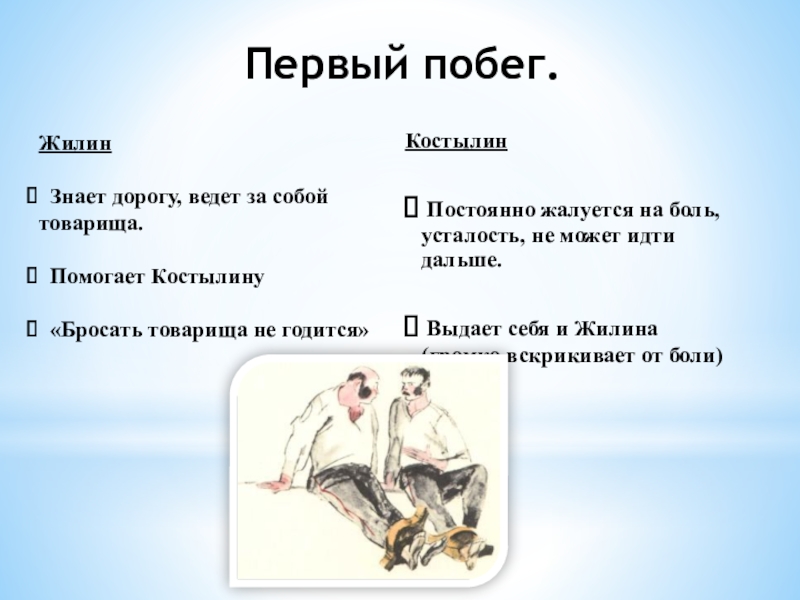 Презентация по литературе в 5 классе на тему Жилин и Костылин Первый побег. Костылин Постоянно жалуется на боль, усталость, не может идти Первый побег. Костылин Постоянно жалуется на боль, усталость, не может идти дальше. Выдает себя и Жилина (громко