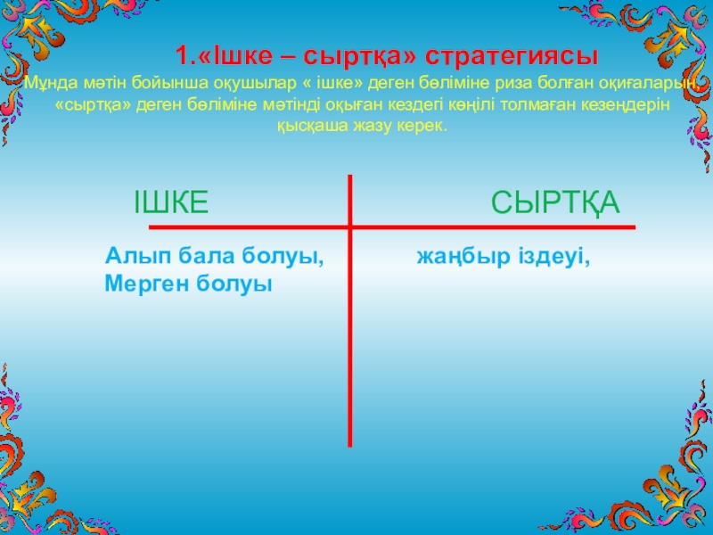 Презентация по казахскому языку на тему Ә.Тәжібаев Толағай «Ішке – сыртқа» стратегиясыМұнда мәтін бойынша оқушылар « ішке» деген бөліміне «Ішке – сыртқа» стратегиясыМұнда мәтін бойынша оқушылар « ішке» деген бөліміне риза болған оқиғаларын, «сыртқа» деген бөліміне