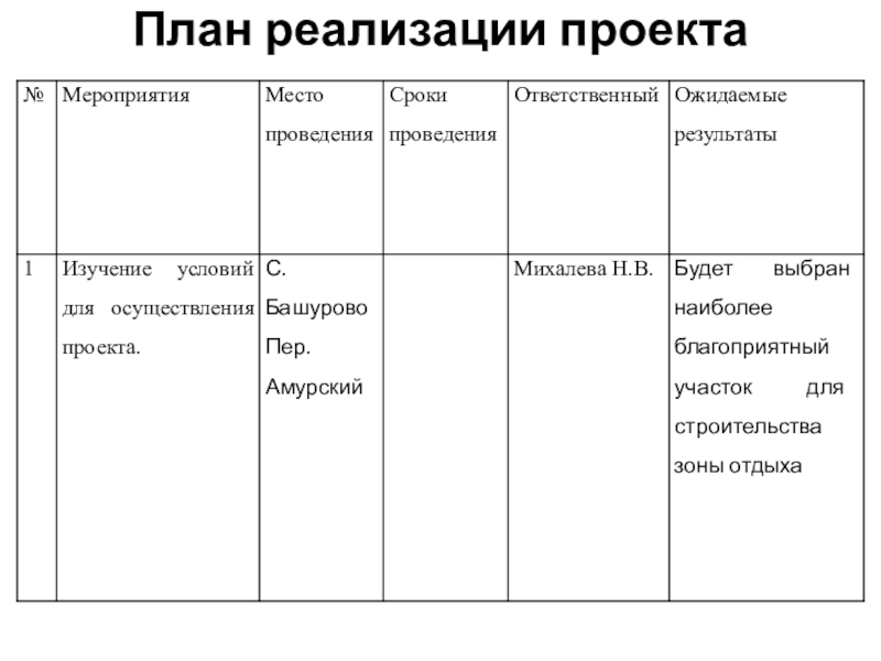 Проект в области реализации молодёжных инициатив Территория молодёжи, цель содействия повышения уровня занятости молодёжи в небольших населённых пунктах . План реализации проекта План реализации проекта