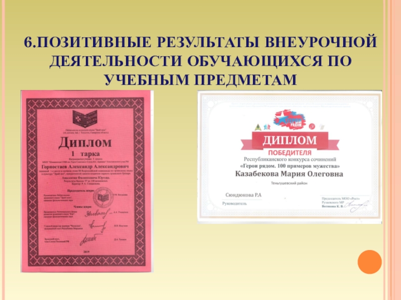 Презентация к аттестации Портфолио Сюндюкова Р.А. 6.ПОЗИТИВНЫЕ РЕЗУЛЬТАТЫ ВНЕУРОЧНОЙ ДЕЯТЕЛЬНОСТИ ОБУЧАЮЩИХСЯ ПО УЧЕБНЫМ ПРЕДМЕТАМ 6.ПОЗИТИВНЫЕ РЕЗУЛЬТАТЫ ВНЕУРОЧНОЙ ДЕЯТЕЛЬНОСТИ ОБУЧАЮЩИХСЯ ПО УЧЕБНЫМ ПРЕДМЕТАМ