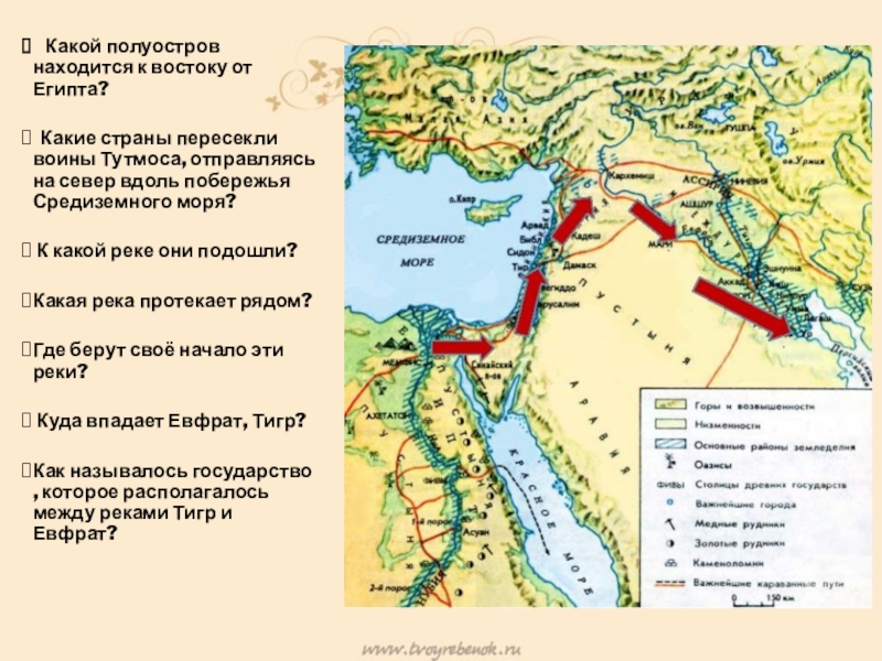 Презентация на тему Какой полуостров находится к востоку от Египта? Какие Какой полуостров находится к востоку от Египта? Какие страны пересекли воины Тутмоса, отправляясь на север вдоль