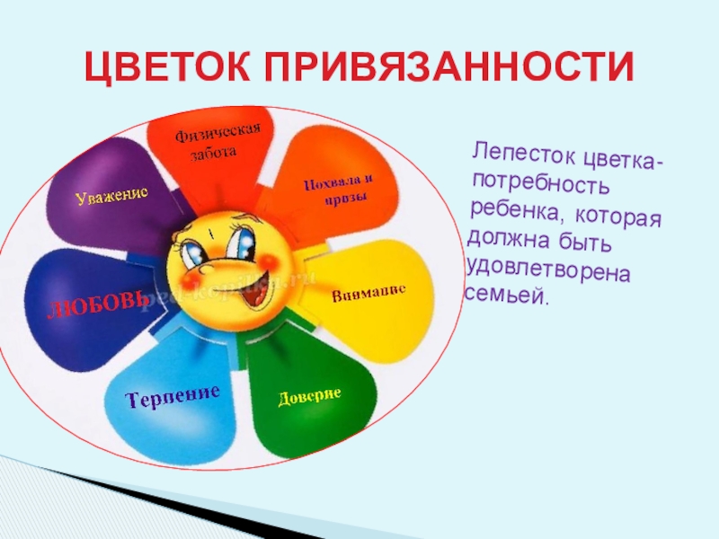 Обеспечение безопасной среды для воспитания ребенка в семье и за ее пределами. Меры по предотвращению рисков жестокого обращения и причинения вреда здоровью ребенка по неосторожности. Охрана здоровья ребенка и здоровый образ жизни ЦВЕТОК ПРИВЯЗАННОСТИЛепесток цветка-потребность ребенка, которая должна быть удовлетворена семьей. ЦВЕТОК ПРИВЯЗАННОСТИЛепесток цветка-потребность ребенка, которая должна быть удовлетворена семьей.