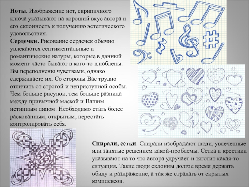 Значение рисунков на полях тетради Ноты. Изображение нот, скрипичного ключа указывают на хороший вкус автора и Ноты. Изображение нот, скрипичного ключа указывают на хороший вкус автора и его склонность к получению эстетического удовольствия.