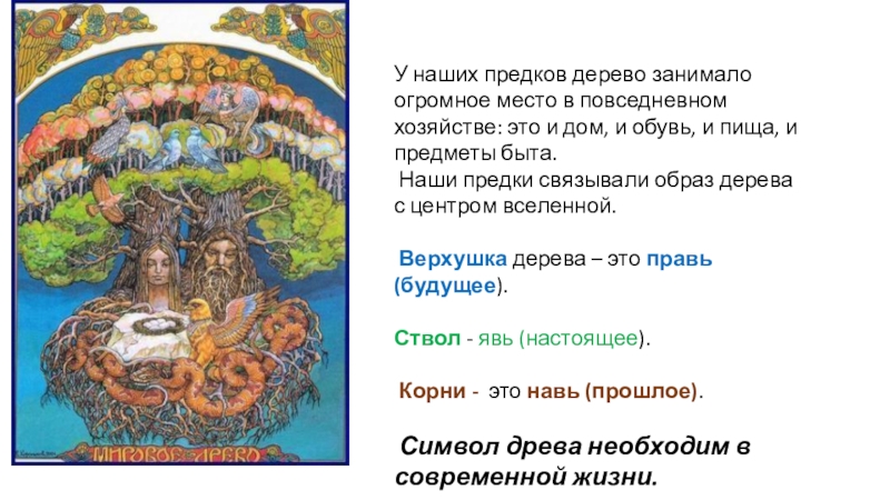 Чудо - дерево. Образ - символ дерево жизни в разных видах искусства. У наших предков дерево занимало огромное место в повседневном хозяйстве: это У наших предков дерево занимало огромное место в повседневном хозяйстве: это и дом, и обувь, и пища,
